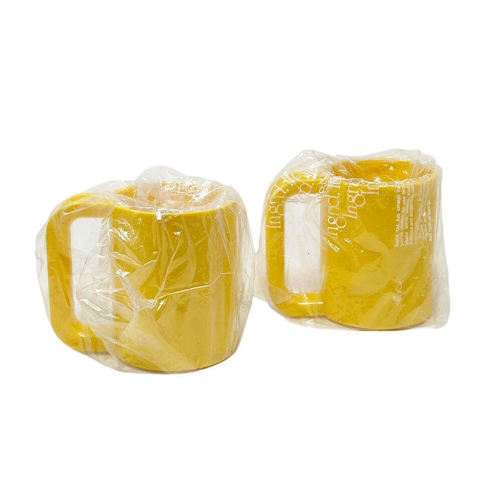 Vintage‎ Ingrid Ltd Yellow Party Mugs NEW in Plastic Pair Stacking Mid Century